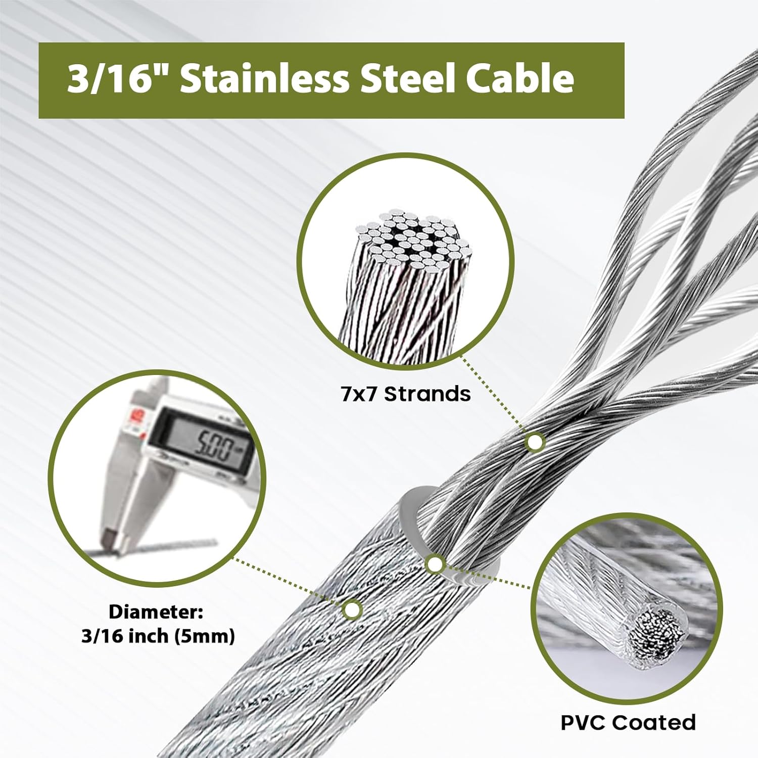 TooTaci 3/16 Wire Rope Kit, 100ft Vinyl Coated Stainless Steel Cable with M6 Turnbuckles for Cables Wire, 1/8 Steel Core Thru 3/16 Coated, Wire Tensioner Kit for Lights Hanging, Clothesline, Curtains
