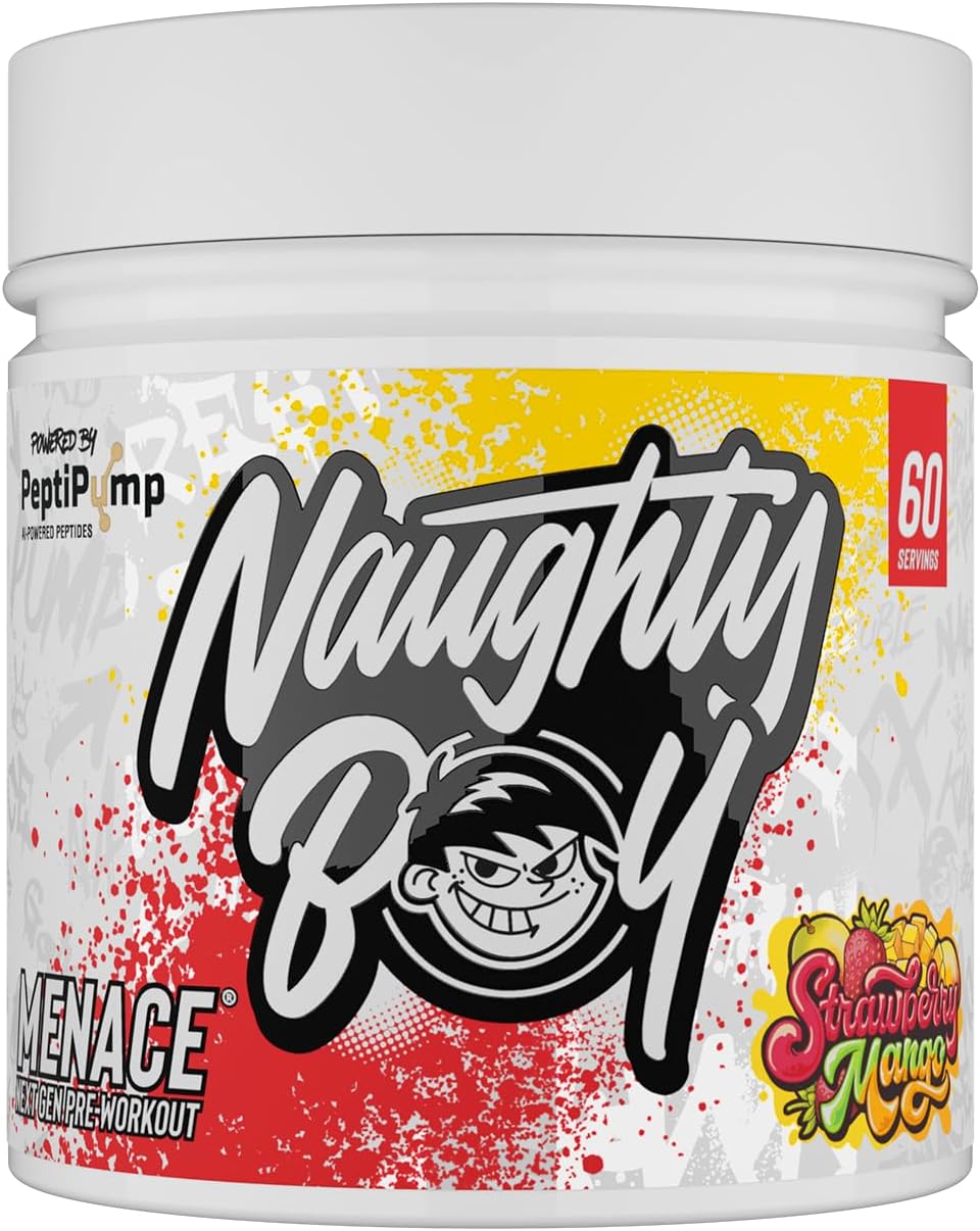 Naughty Boy Menace V2 Pre Workout - AI Powered Pre Workout Powder for Men & Women | Best Pre-Workout Energy Drink Supplements | Peptipump, Citrulline, Beta Alanine | 60 Servings | Strawberry Mango