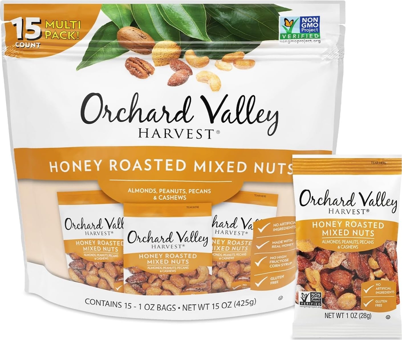 Orchard Valley Harvest Honey Roasted Mixed Nuts, 1 oz Bags, Pack of 15