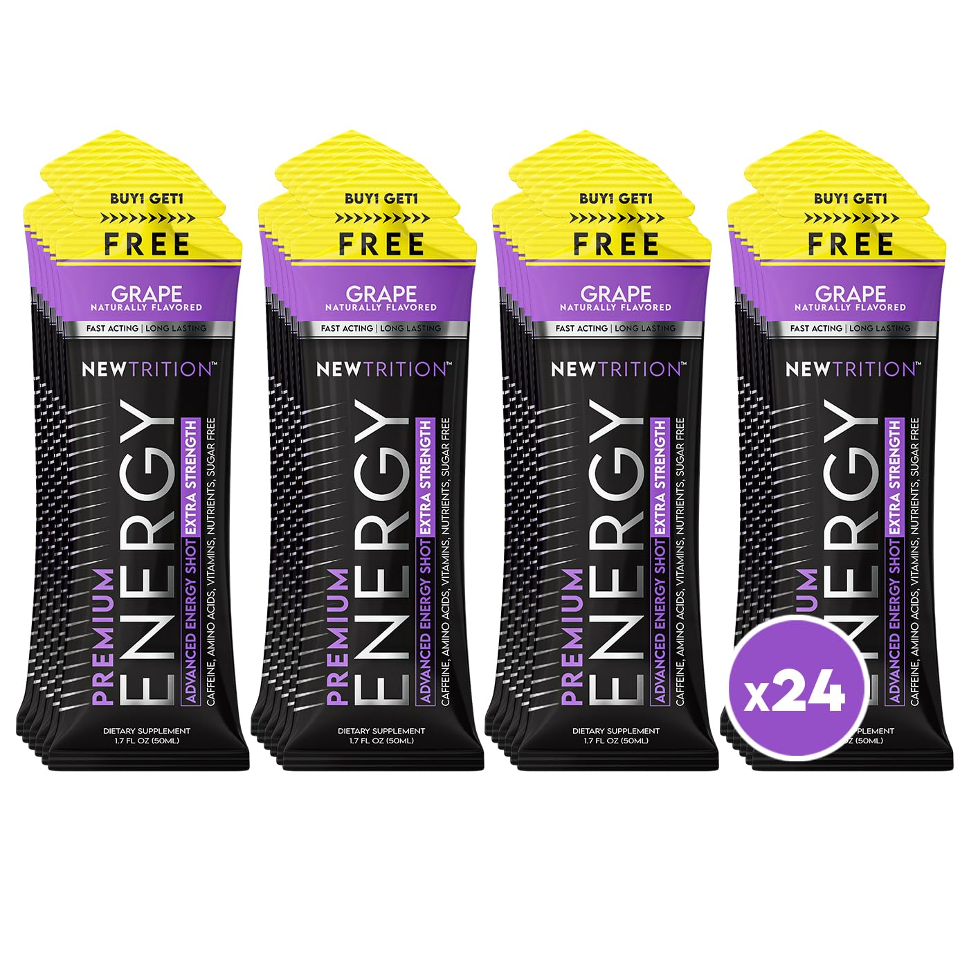 NewTrition® Extra Strength Energy Shots, 250mg Caffeine Energy with Vitamin B & Amino Acids, Sugar-Free Vitamin Energy Shot, Zero Calorie Focus & Stamina Booster, 1.7 fl oz (Pack of 24, Grape)