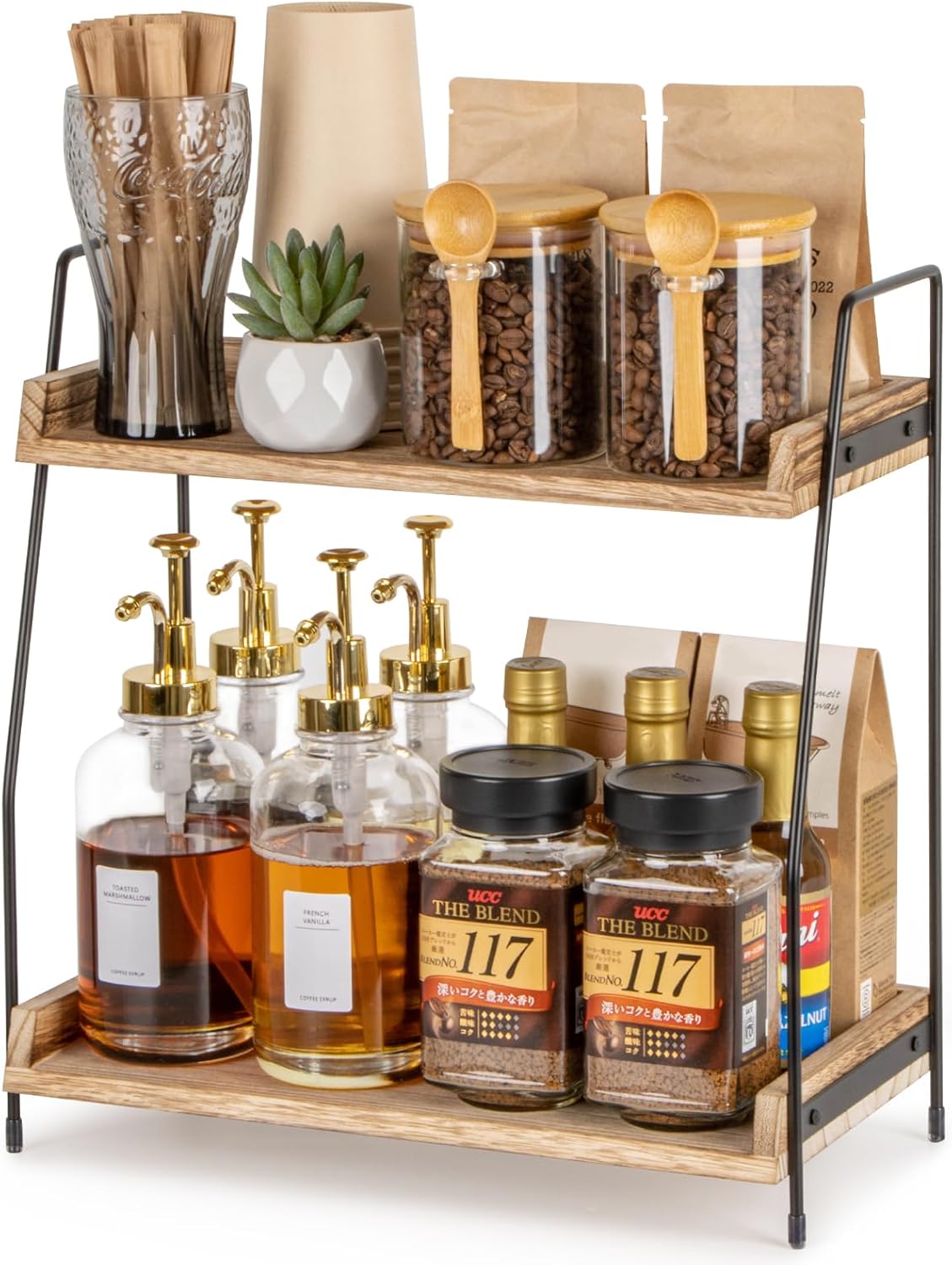 ANBOXIT Coffee Station Organizer for Countertop, 2 Tier Coffee Bar Accessories and Organizer, Wooden Kitchen Storage & Organisation, Countertop Organiser for Kitchen, Home, Office - Brown