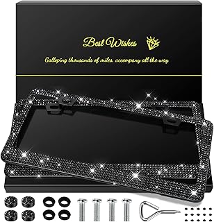 2 Pack Bling License Plate Frames for Women, Sparkly Rhinestone Diamond Car Accessories with Glitter Crystal Caps (Black)