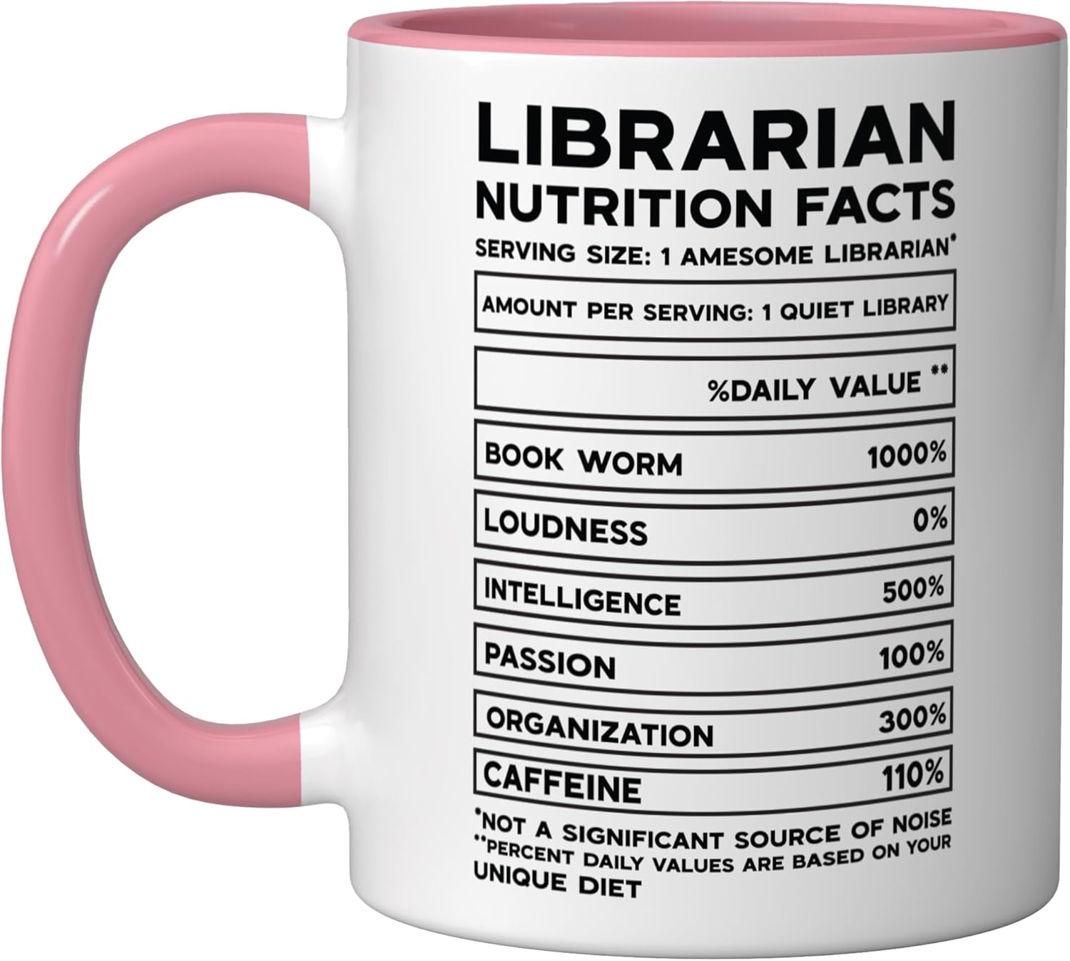 Librarian Nutrition Facts Quiet Bookworm Geek Ceramic Mug, Pink/White