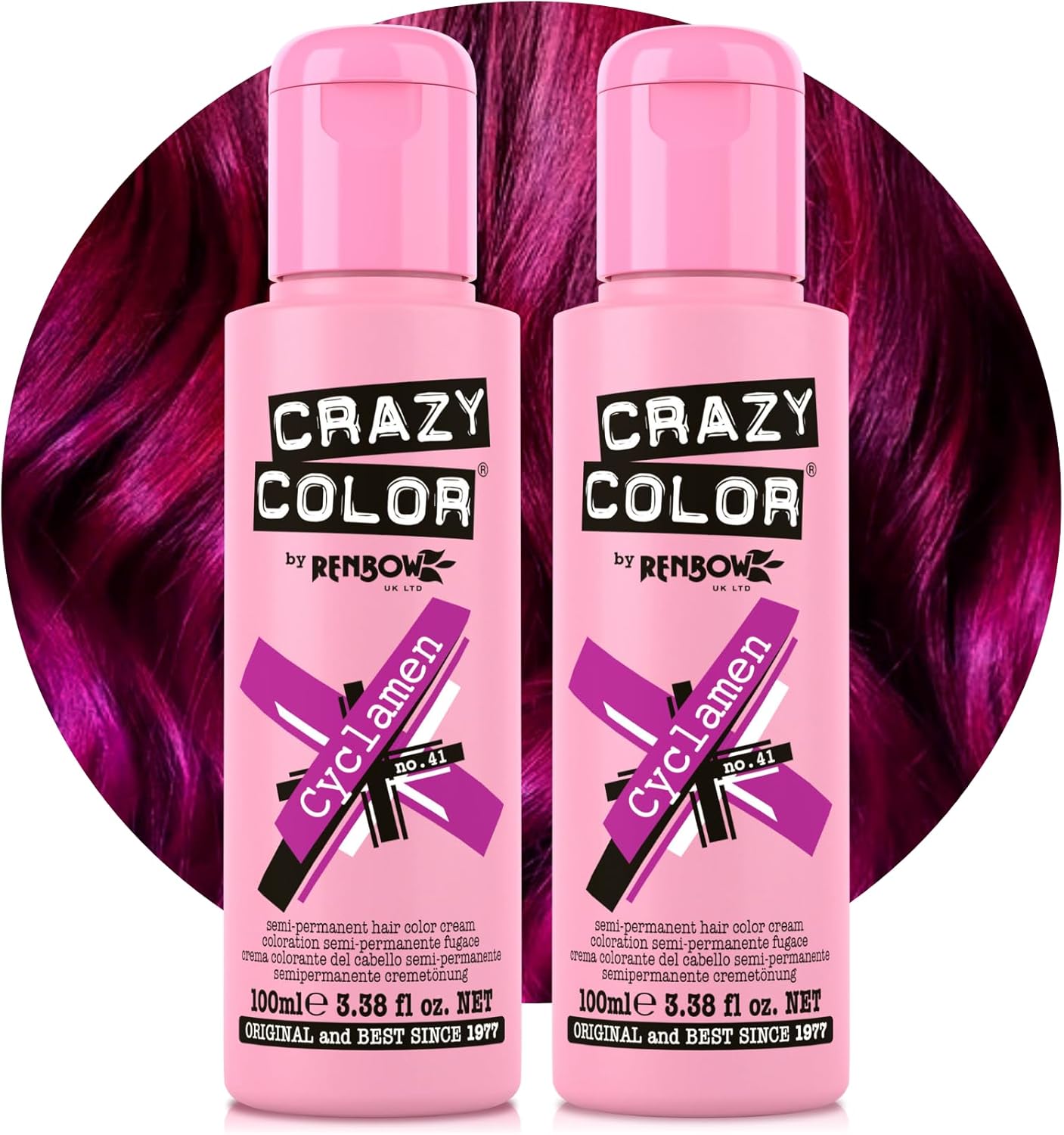 Crazy Color Vibrant Cyclamen Semi-Permanent Duo Hair Dye. Highly Pigmented Cerise Conditioning & Oil Nourishing Vegan Formula | No Bleach or Ammonia | 200ml