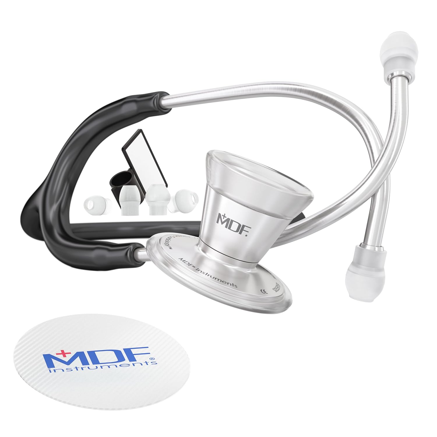 MDF Instruments, ProCardial Cardiology Stethoscope, Stainless Steel, Adult, Dual Head, Black Tube, Silver Chestpiece-Headset, MDF797-11
