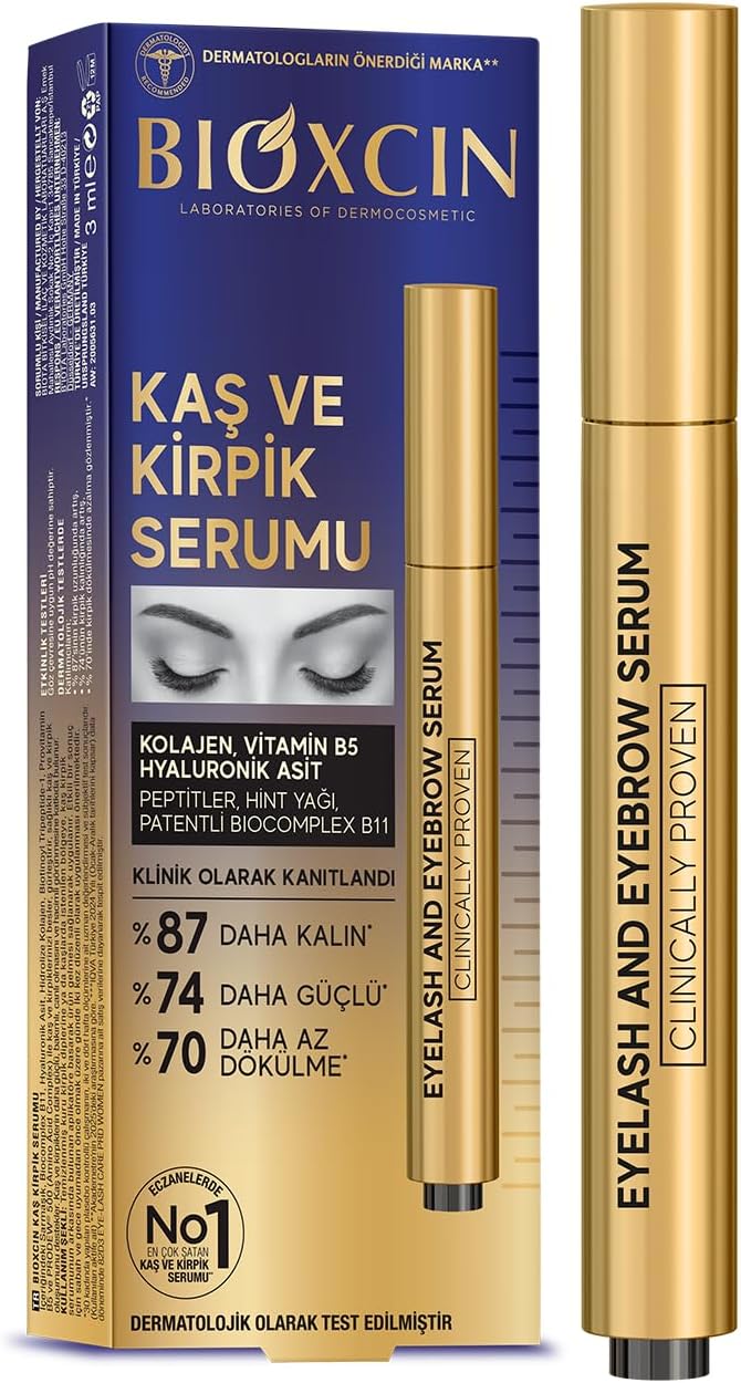 Bioxcin Eyelash Serum & Eyebrow Serum - 3 ml - With Keratin, Collagen & Hyaluronic - Hormone-Free Eyelash Booster for Density & Volume - Dermatologically Tested