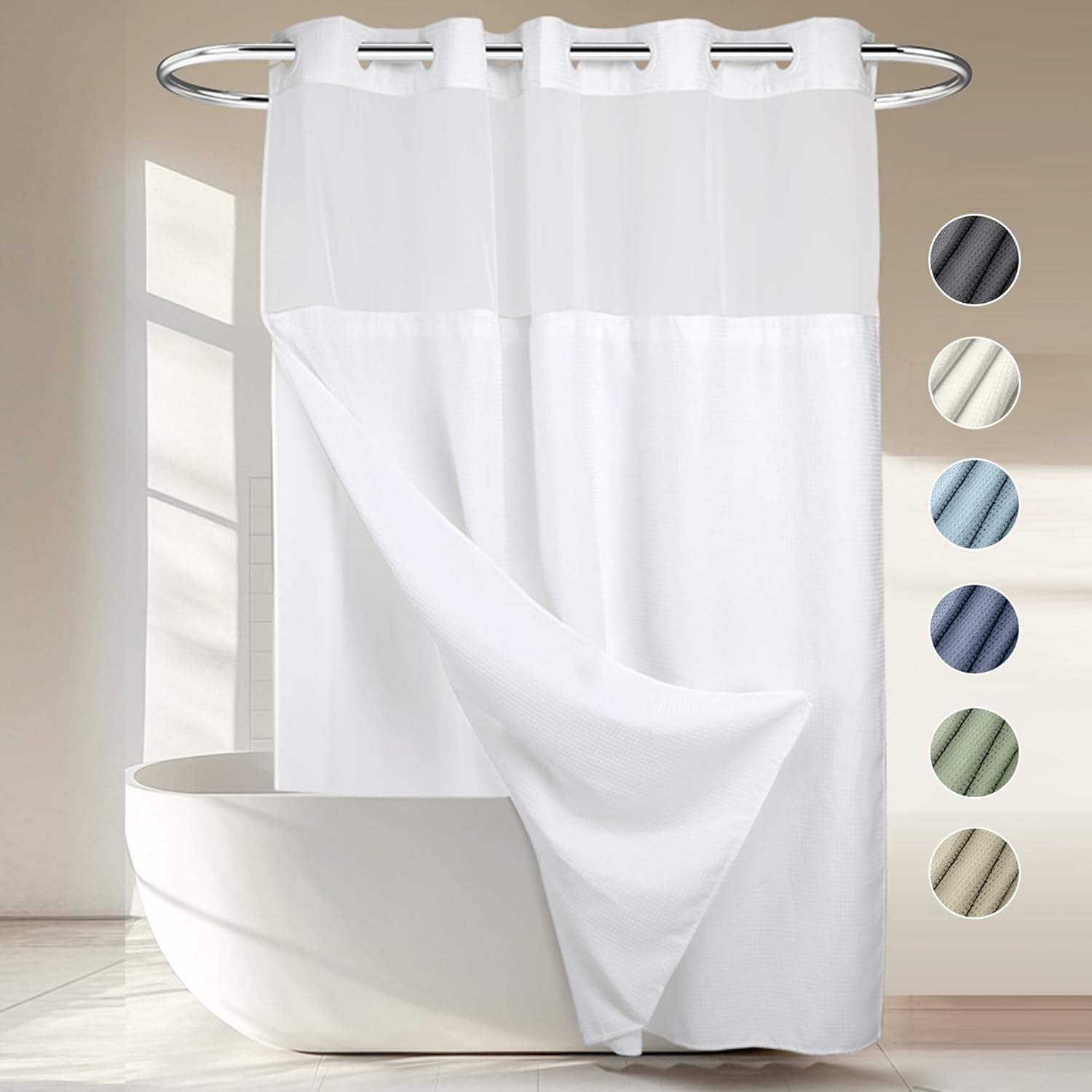 River Dream Heavyweight No Hooks Required Dotted Waffle Weave Shower Curtain with Snap in Liner,Bathroom Curtains Shower Set - 71W x 74H,Hotel Grade,Spa Like Bath Curtain,White