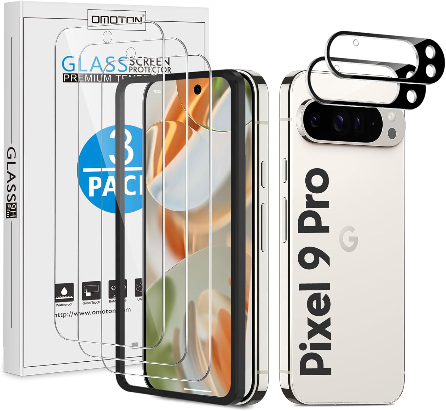 OMOTON 3+2 Pack for Google Pixel 9 Pro Screen Protector, 3 Pack Tempered Glass Screen Protector & 2 Pack Camera Lens Protector for Pixel 9 Pro 2024 Released 6.3-inch, Case Friendly/9H Hardness