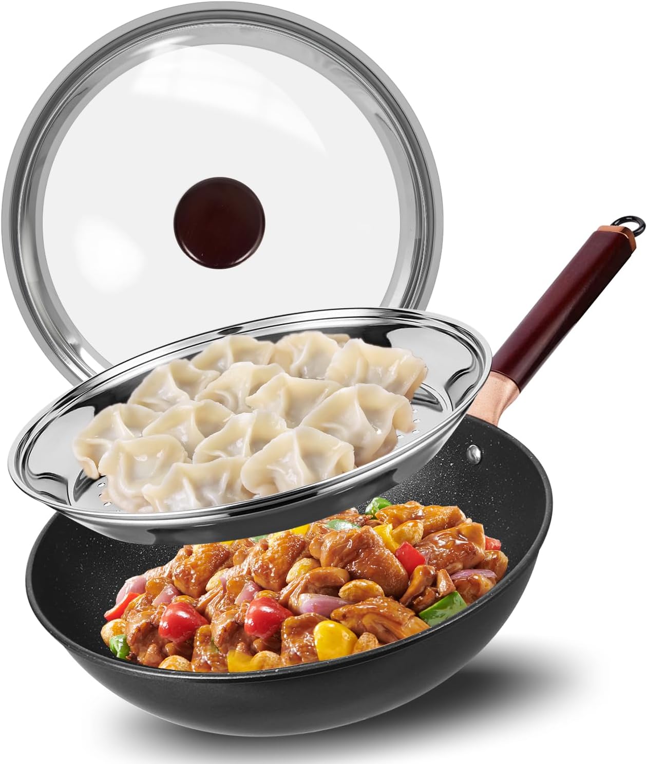 12.5” Woks & Stir-Fry Pans with Lid Steamer, Nonstick Ceramic Wok Pan with Lid, Deep Large Induction Hard Anodized Frying Wok, Carbon Steel Wok Set Flat Bottom, Large Saute Pan Set