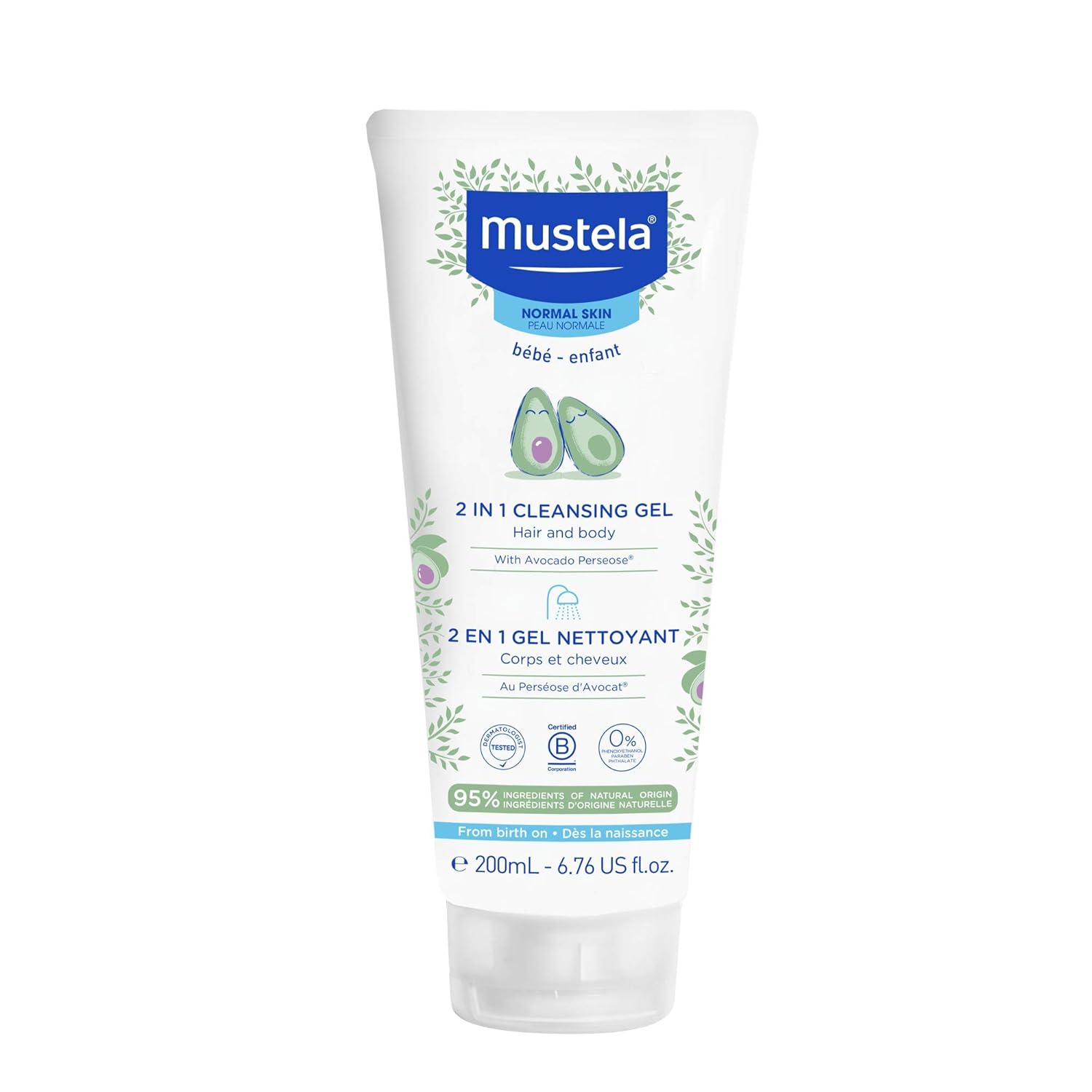 Mustela Baby 2-in-1 Cleansing Gel - Baby Body & Hair Cleanser - with Natural Avocado - Biodegradable Formula & Tear-Free - 6.76 fl. oz. - 1 or 2-Pack