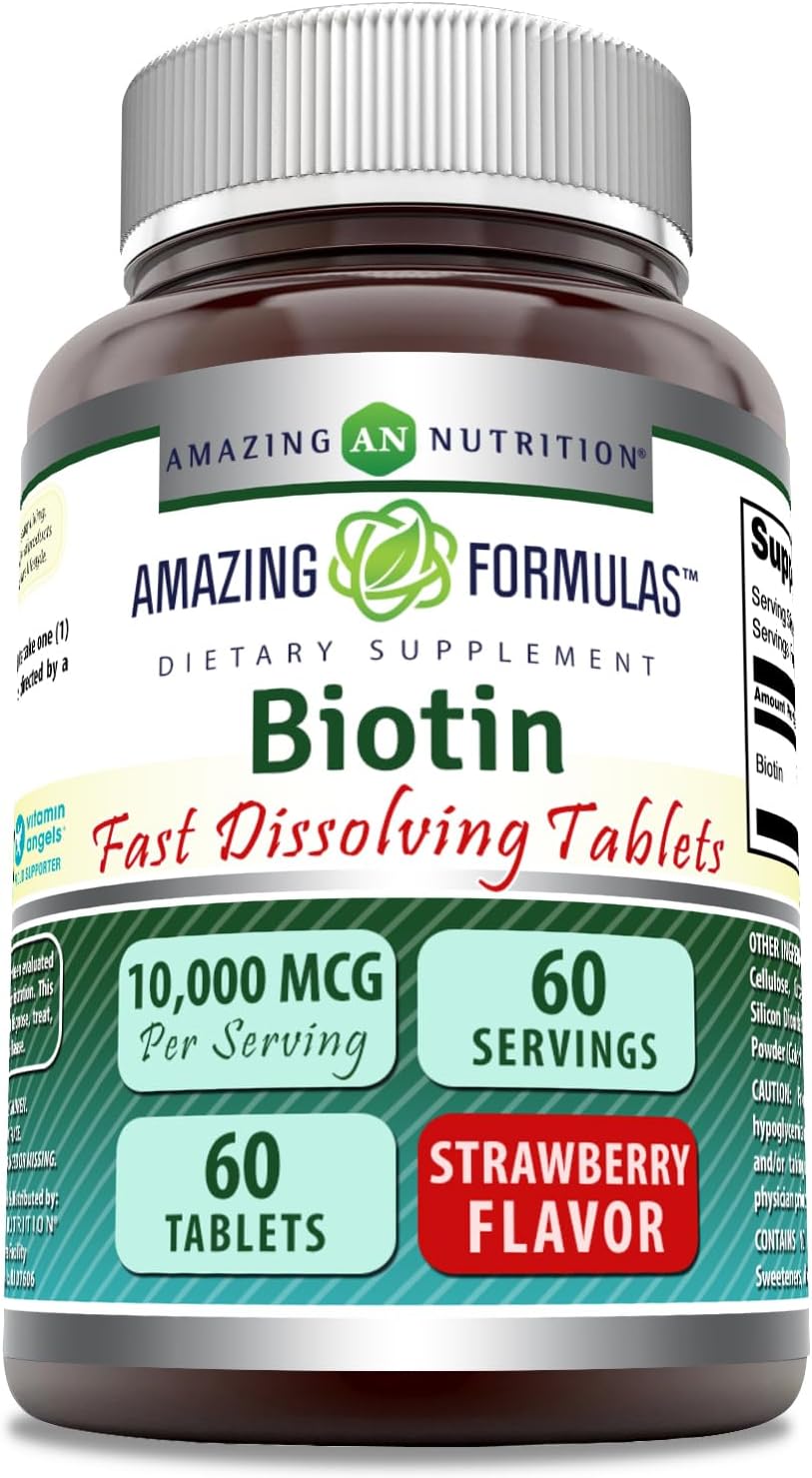 Amazing Formulas Biotin 10,000 mcg | Fast Dissolve Tablets | Non-GMO | Gluten Free Supplement | Made in USA (Strawberry, 60 Count)