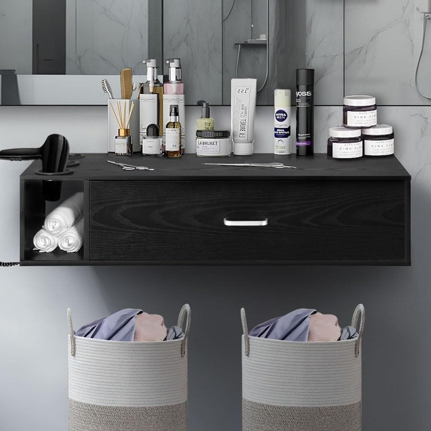 Wall Mount Salon Station, Beauty Salon Stations Equipment with Drawer, Hair Salon Station Cabinet with Side Open Space, Stylist Salon Stations Storage Cabinets with 3 Hair Dryer Holes, Black