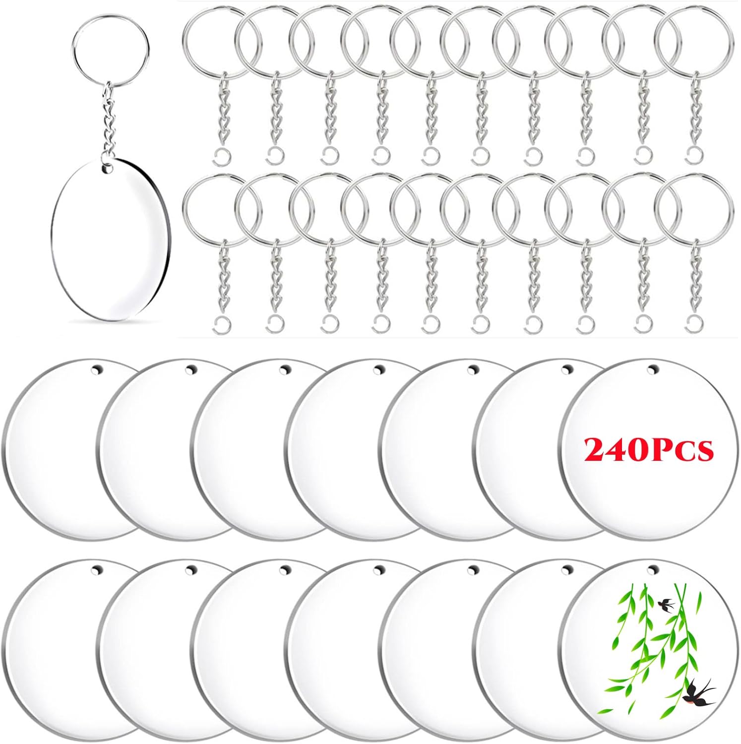 Senbota 240 Pieces Bulk Unfinished Clear Acrylic Keychain Blanks Tag Accessories for Everyday DIY Crafts（Clear）