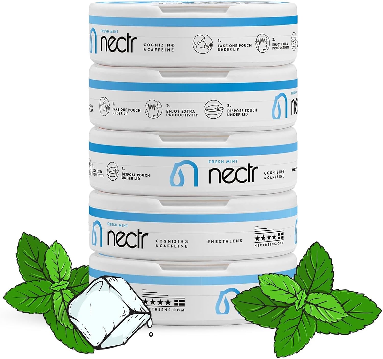 Nectr Nootropic Energy Pouches, Focus & Energy, Fresh Mint, Cognizin 62.5 mg, Caffeine 30 mg, 16 Pouches, Neuro Support, Sugar Free, 5 Pack of Cans