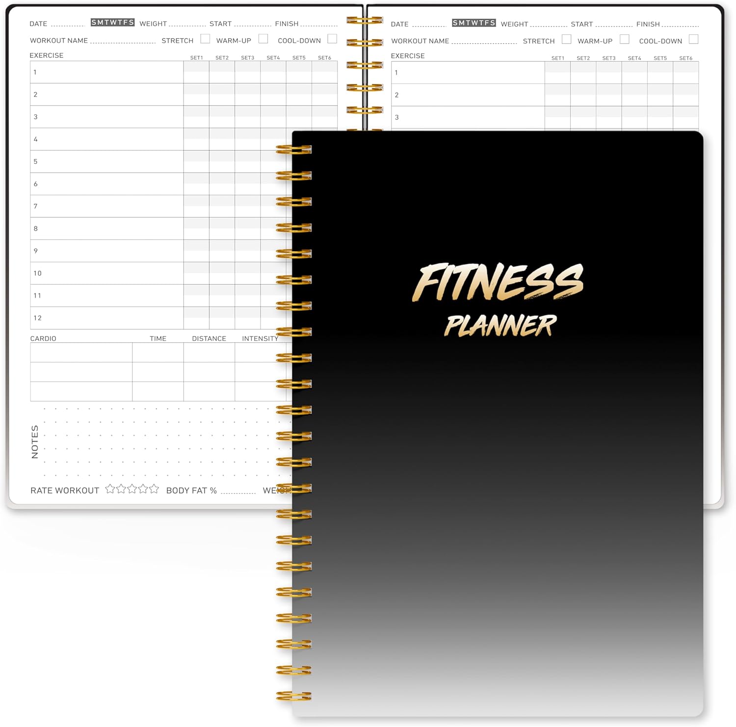Fitness Journal Workout Planner for Women & Men - A5(5.5" x 8.5") Sturdy Workout Log Book for Gym & Personal Home Workouts - Black