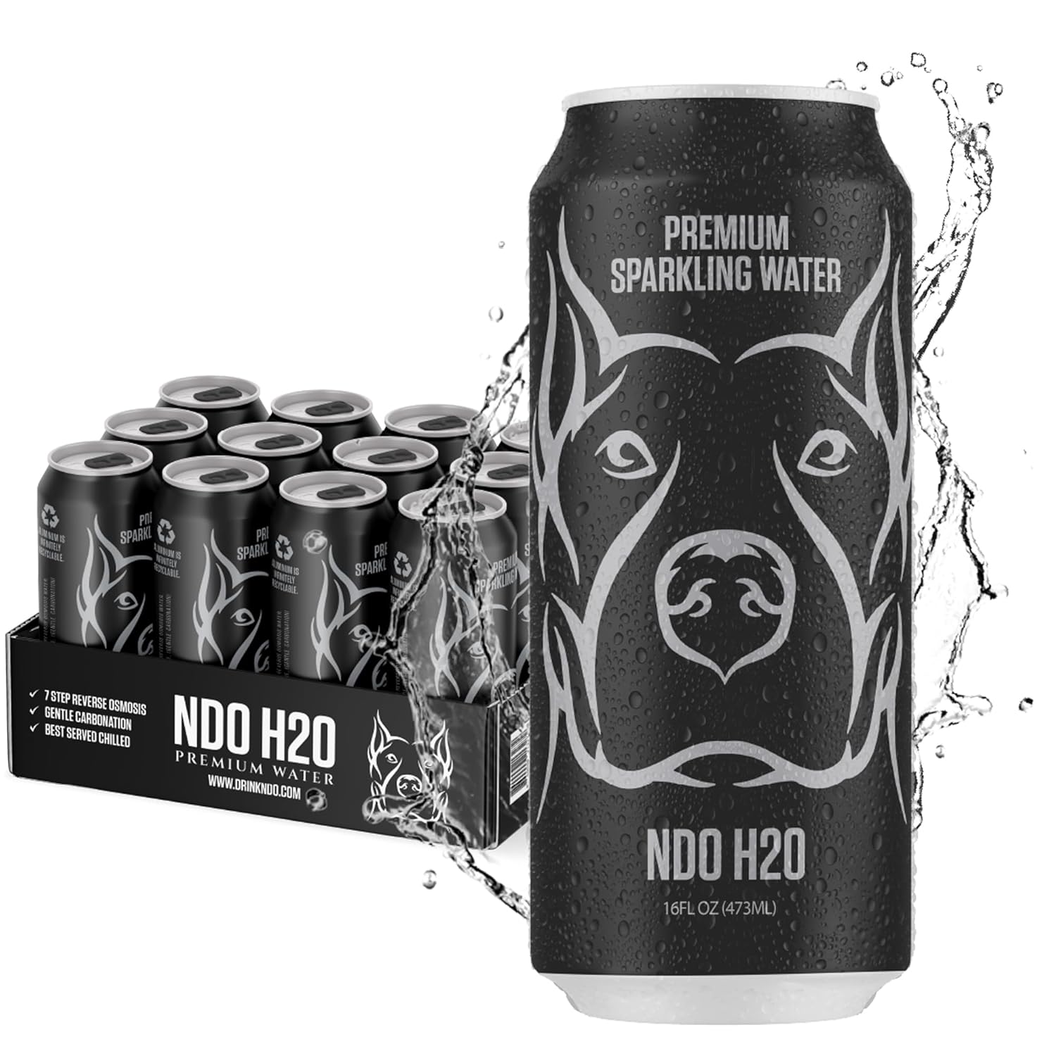 NDO H2O Premium Purified Water Case - 12 Pack (16 fl oz, Sparkling) | Reverse Osmosis Canned Water | Tested for Over 400 Impurities | Purified, Carbonated & Balanced | Alkaline & Minerals