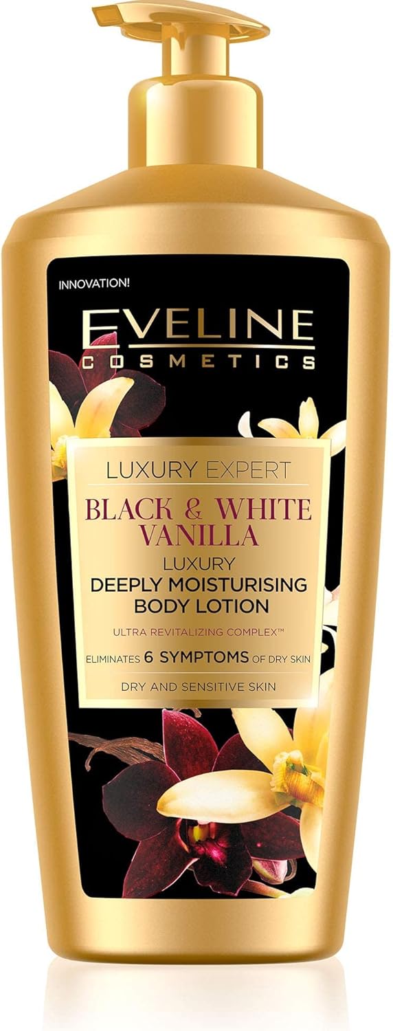 Eveline Cosmetics Luxury Expert Black & White Vanilla Luxurious Body Moisturiser for Women | 350 ML | Body Lotion for Dry and Sensitive Skin | Long-lasting Hydration | Fast-absorbing Balm