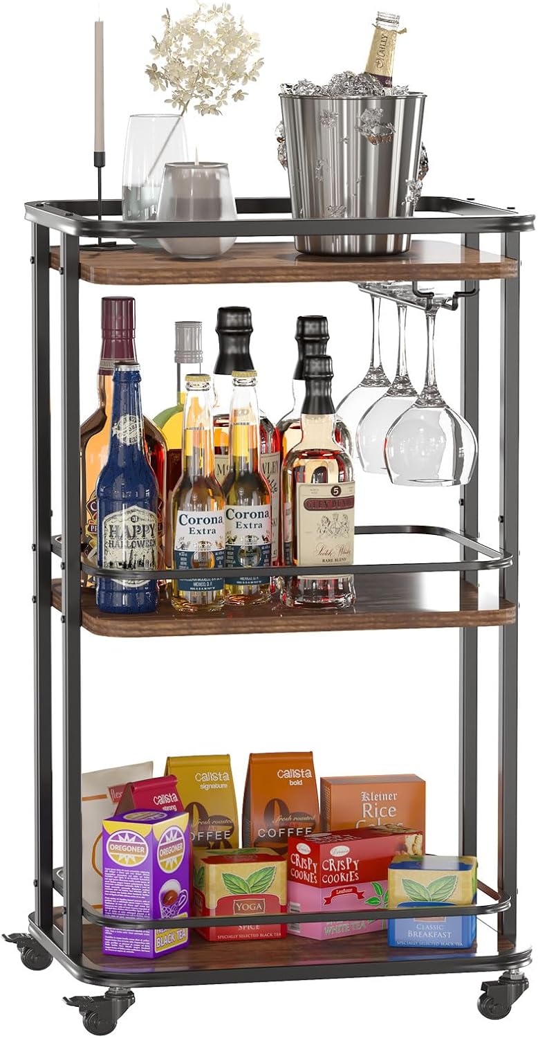 IBUYKE 3-Tier Home Bar Serving Cart,Kitchen Storage Carts with Wheels,11.79x15.72x33.01 inches,Rolling Mini Bar Cart for Home, Outdoor, Kitchen, Bedroom TMJ319H