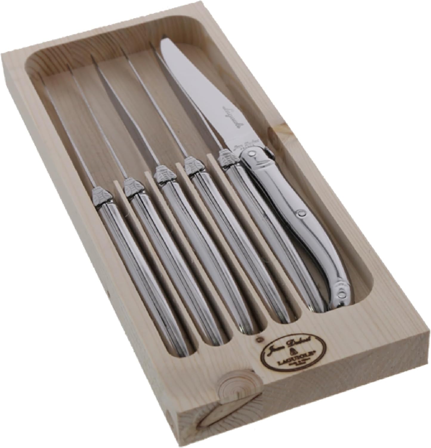Jean Dubost Laguiole 6-Piece Steak Knife Set, Stainless Steel Handles - 2.5 mm Blades - Rust-Resistant Stainless Steel - Includes Wooden Tray - Made in France