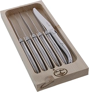 Jean Dubost Laguiole 6-Piece Steak Knife Set, Stainless Steel Handles - 2.5 mm Blades - Rust-Resistant Stainless Steel - Includes Wooden Tray - Made in France
