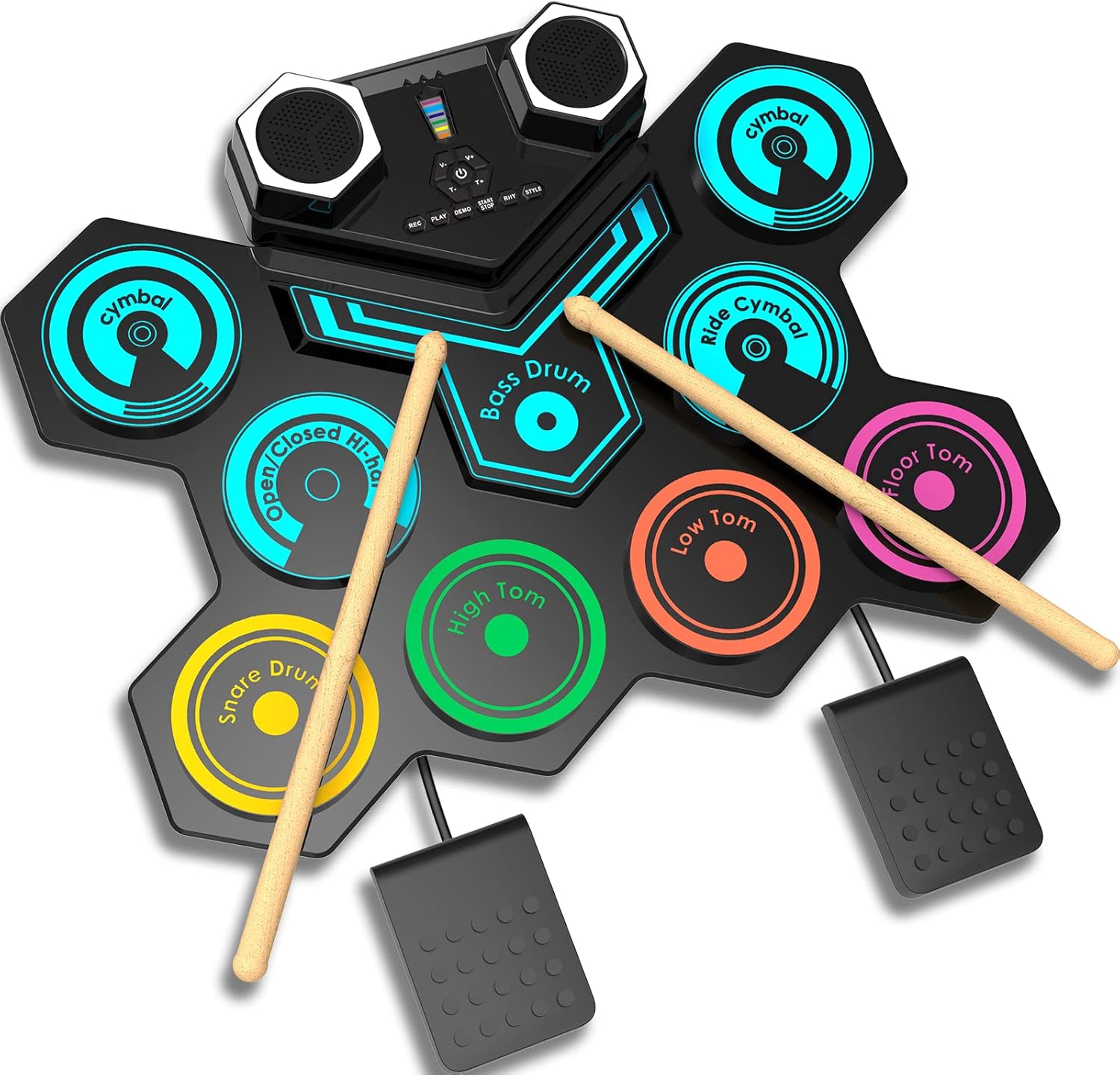 Portable Electric Drum Kit, CNAPXAIA Foldable Kids Drum Pad with Build-in Stereo Speakers, Foot Pedals, Drum Sticks, 9 Pads Silicone Electronic Drum Set for Kids Adult Beginner RAINBOW