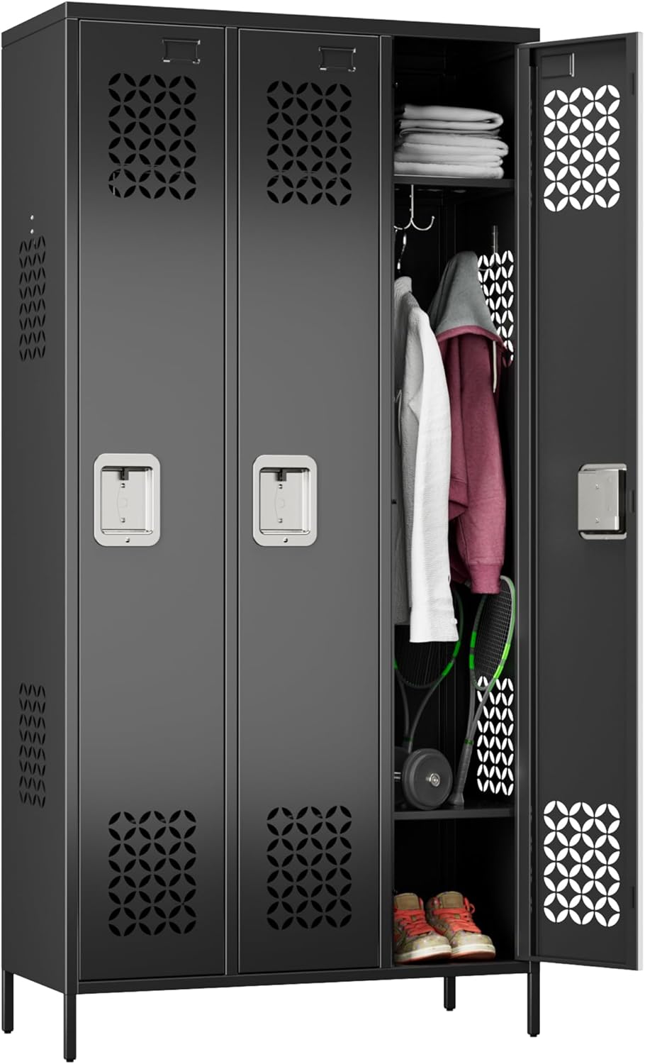 METAN Upgrade Metal Lockers for School Office Gym Bedroom,3 Doors Steel Storage Locker Cabinet for Employees,Industrial Storage Locker with 2 Shelves,Assembly Required,Black