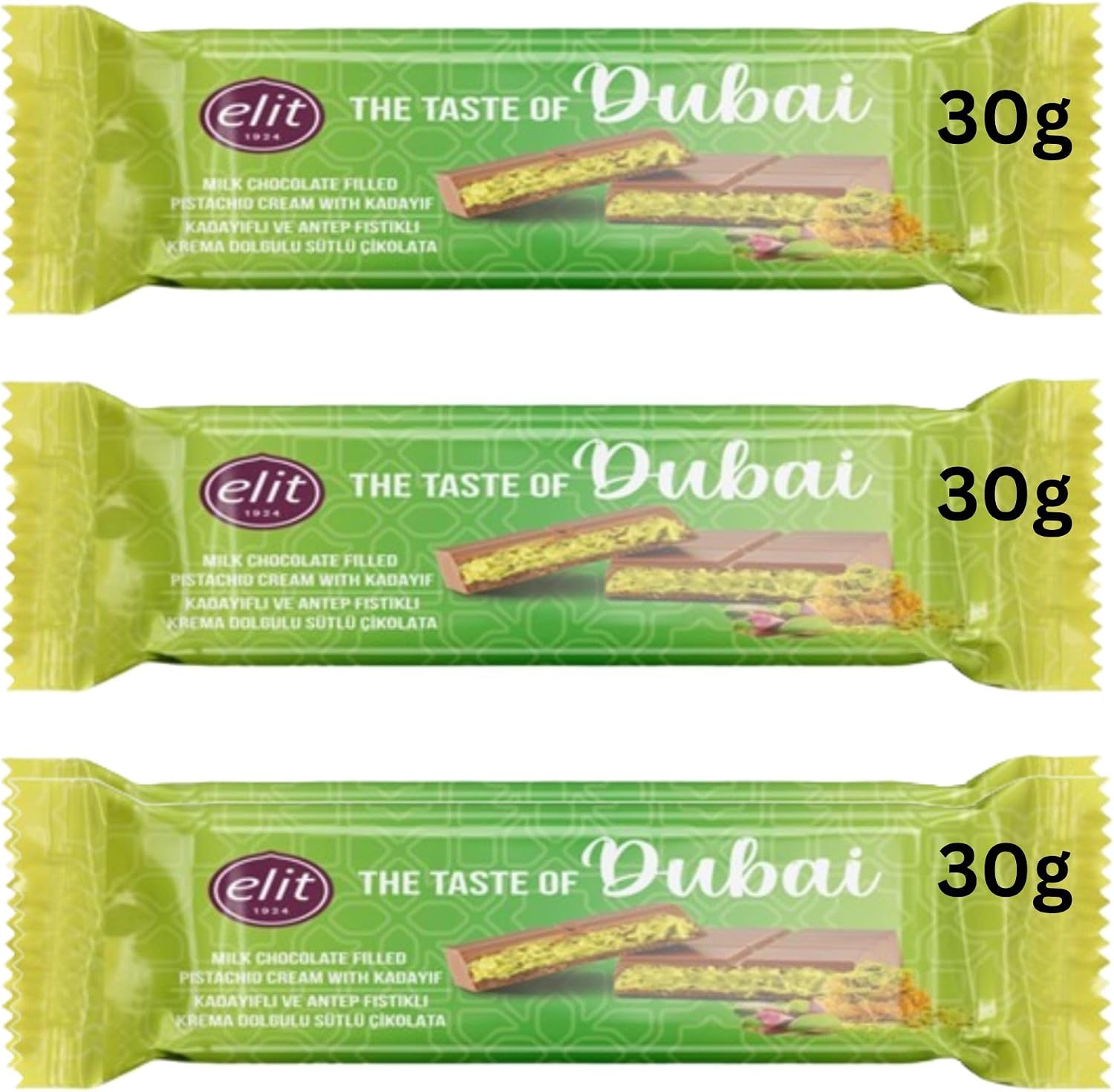 Dubai Chocolate Bar Bundle Containing Elit Dubai Brand, 30g, Pack of 3