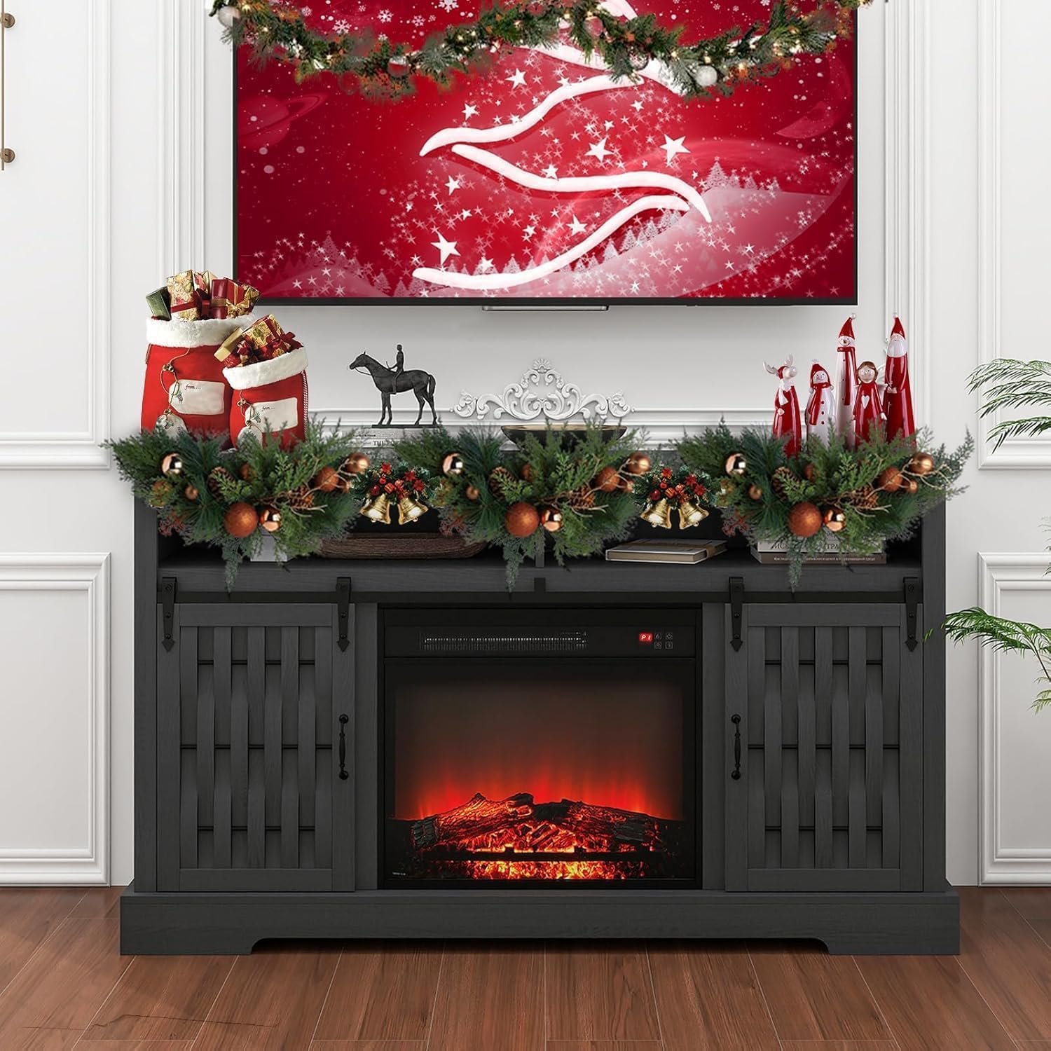 Black Electric Fireplace TV Stand for TV up to 65", 58" Farmhouse Tall TV Table Stand Entertainment Center with Fireplace Sliding Barn Door for Living Room, Bedroom, Home Office (Black)