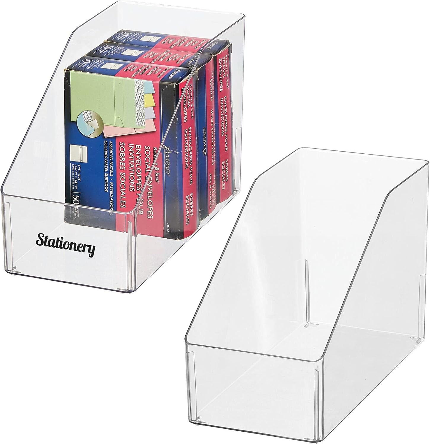 mDesign Plastic Slanted Open Front Office/Classroom Storage Container Organizer for Pens, Tape, Sticky Notes, Pencils, Highlighter Tape, Lumiere Collection, Includes 2 Bins + 32 Adhesive Labels, Clear
