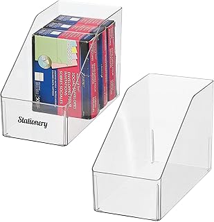 mDesign Plastic Slanted Open Front Office/Classroom Storage Container Organizer for Pens, Tape, Sticky Notes, Pencils, Highlighter Tape, Lumiere Collection, Includes 2 Bins + 32 Adhesive Labels, Clear