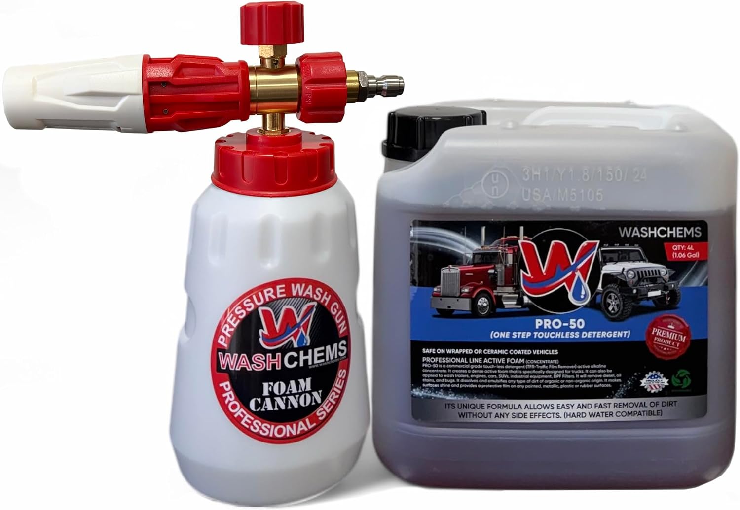 Wash Chems PRO-50 Touchless One Step Car Wash Detergent Soap with Professional Foam Cannon (1 Gallon, 128 oz) No Brushing, Commercial Grade Auto Cleaner Great for Trucks & Tractors