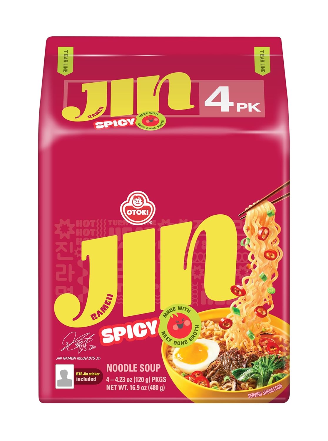 OTOKI Jin Ramen Spicy Flavor, Authentic Korean Instant Noodles, Savory & Rich Gourmet Ramen 4.23oz x 4 Pack