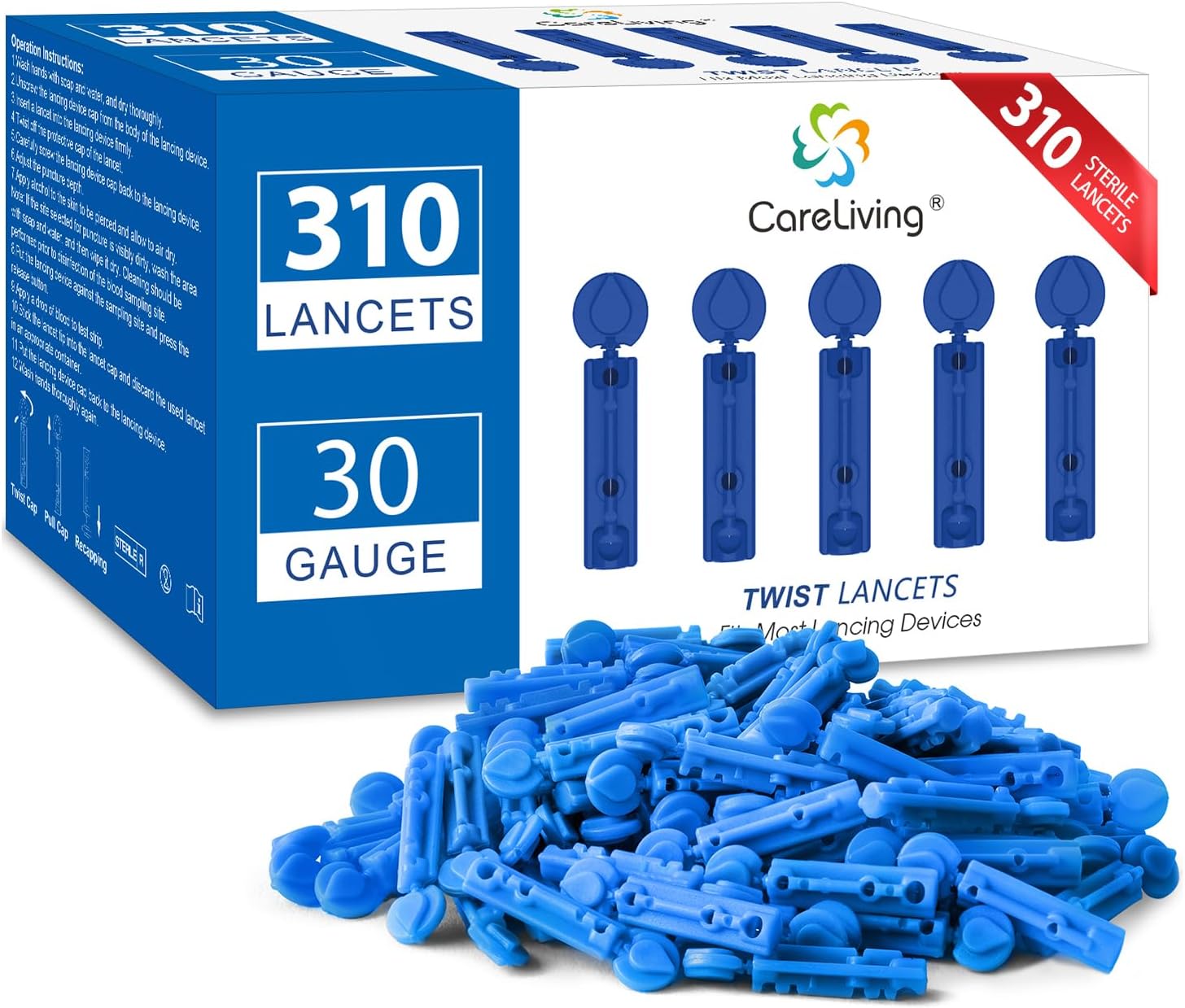Lancets for Diabetes Testing - 30 Gauge Diabetic Lancets for Blood Testing and Glucose Testing - Fits Most Lancing Devices - Sterile, Single Use 30g Blood Sugar Lancets - 310 Count