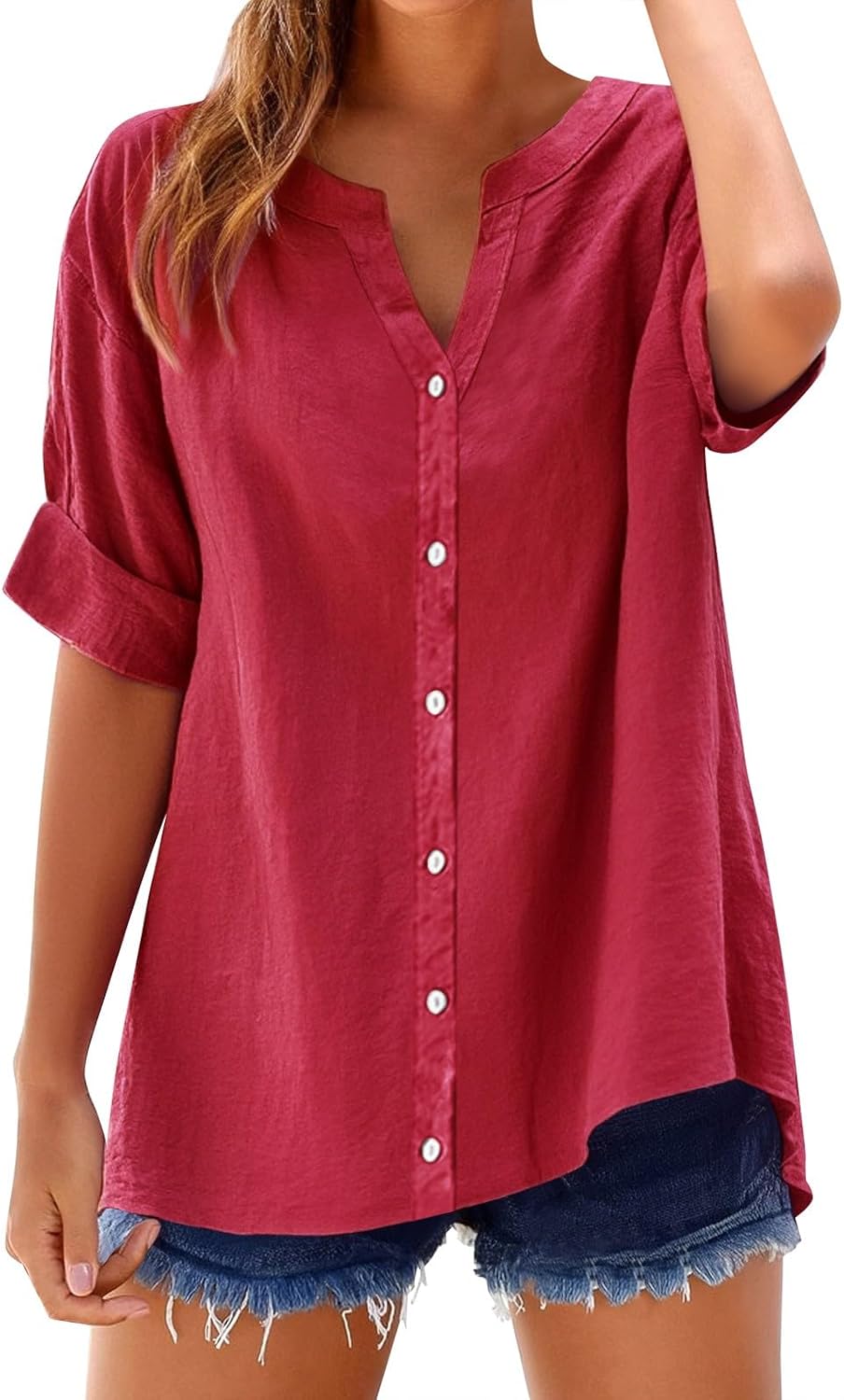 Yinguo Loose Shirt Top Stand Solid Color Sleeve Collar Casual Women's Shirt Women's Womens T V Neck