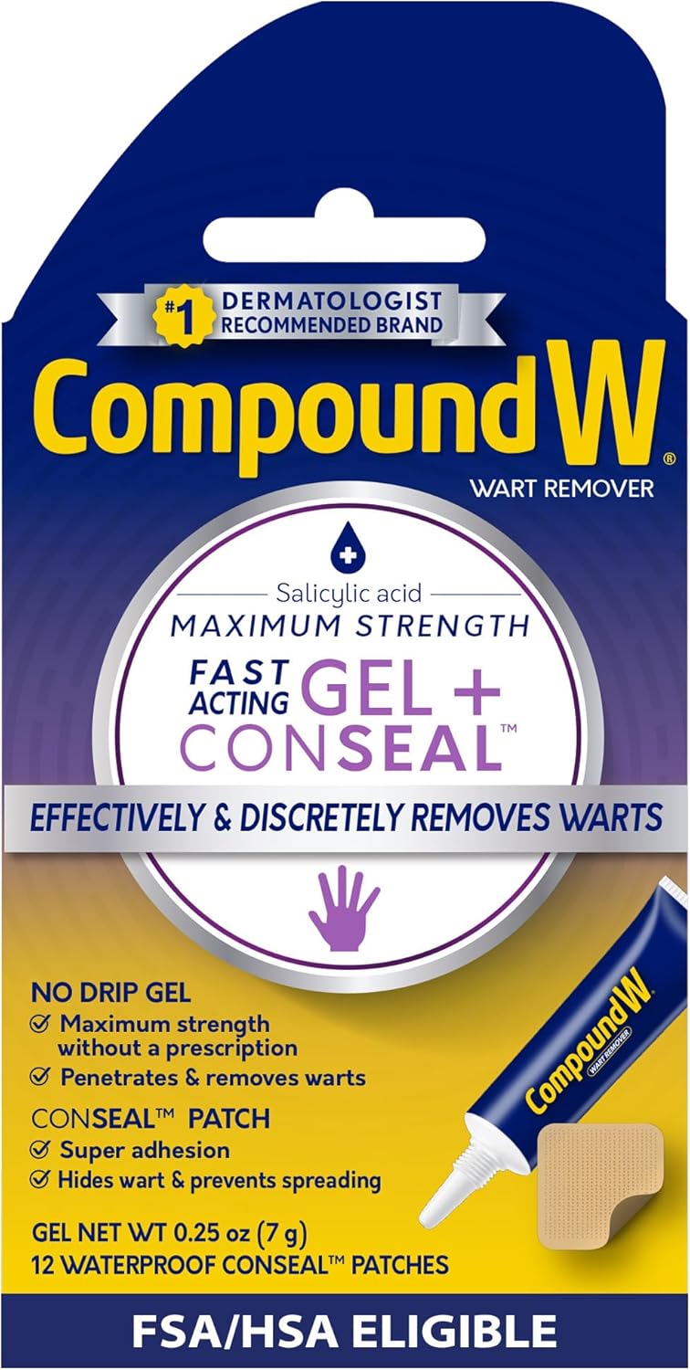 Compound W Maximum Strength Wart Remover Gel & ConSeal Patches with Salicylic Acid, Discreetly Treats Common & Plantar Warts, 0.25 Ounce Gel & 12 Waterproof Patches