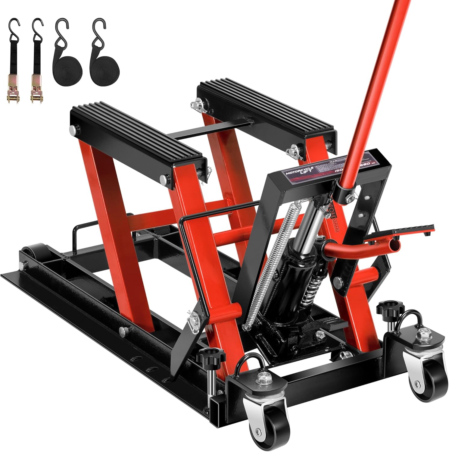 VIVOHOME Hydraulic Motorcycle Lift Jack 1500 LBS Capacity Steel ATV Lifts Stand Hoist with Wheels and Handle for Motorcycles, ATVs, Dirt Bikes Red