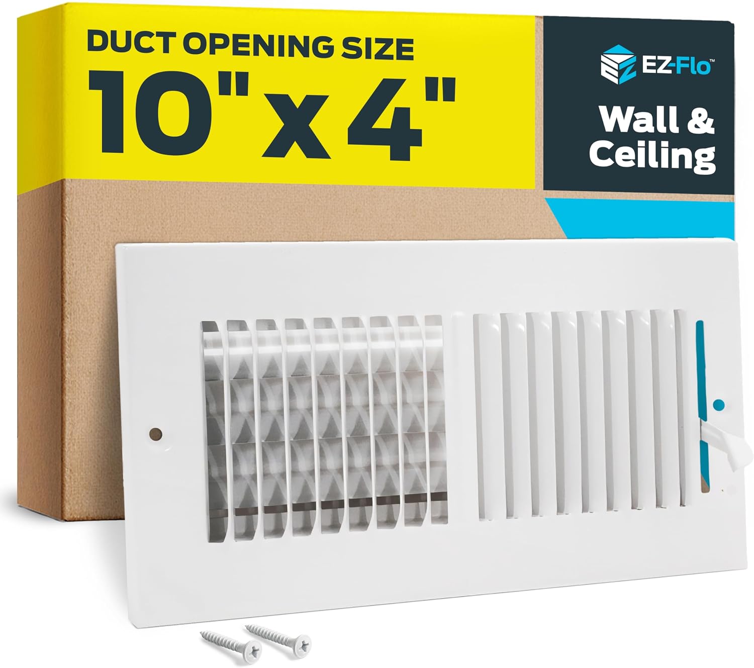 EZ-FLO 10 x 4 Inch (Duct Opening) Air Vent Cover for Wall or Ceiling, Two-Way Ventilation Register, Solid Steel HVAC Register Cover, White, 61609