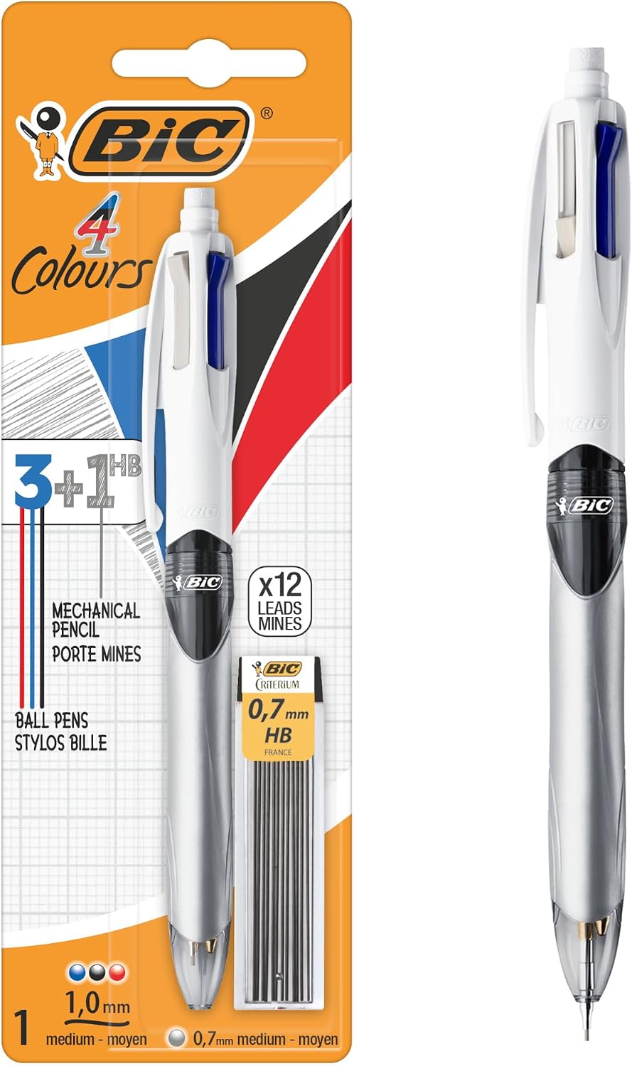 BIC 4 Colours Multicolour Pen and Pencil Combo, includes refillable HB Lead