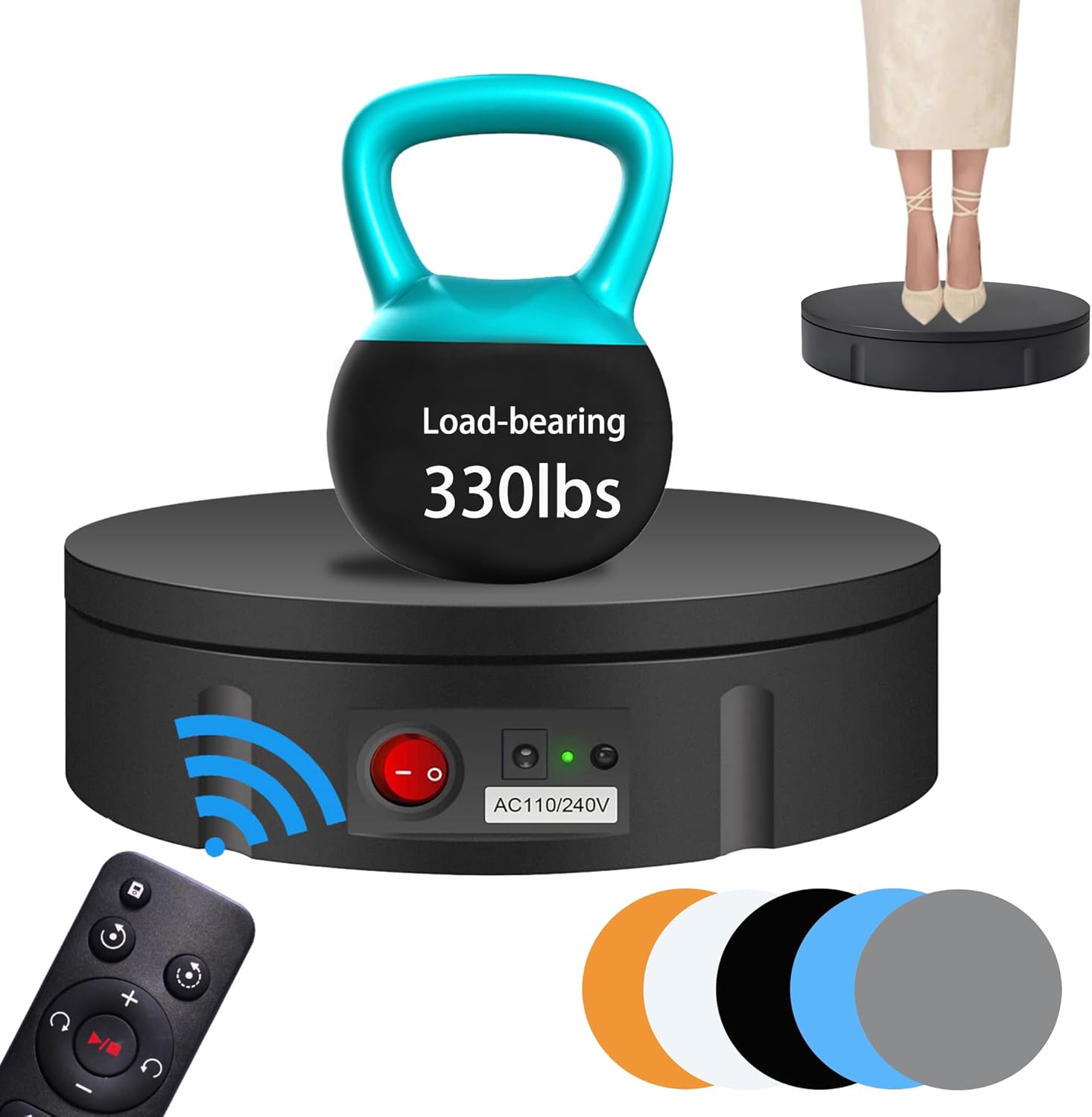 JAYEGT Motorized Rotating Display Stand, 360 Degree Electric Rotating Turntable for Photography Products Display，Live Show,Remote Control +5 Colors Backgrounds (Black/11.8inch / 330Lbs Load/Wired)