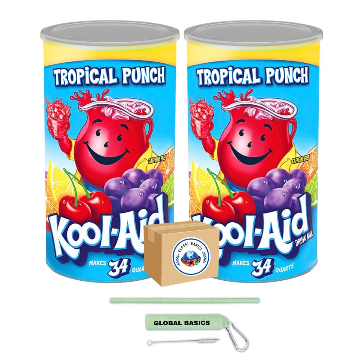 Global Basics Kool Aid Tropical Punch Flavored Powdered Drink Mix | Pack of 2 | 82.5 oz Per Canister - 165 oz TOTAL | Includes A Global Basics Reusable Straw Set!