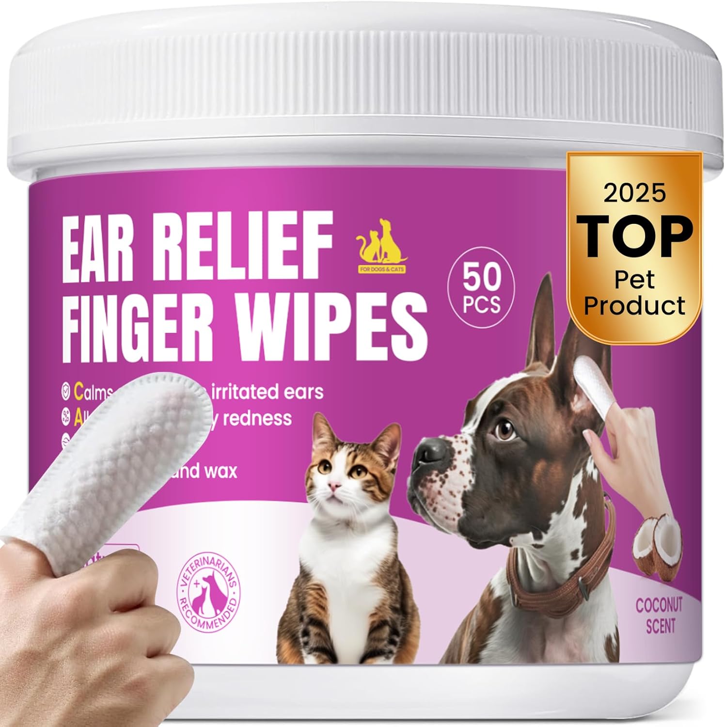 Pet Ear Cleaning Finger Wipes for Dogs & Cats - Dog Ear Cleaner with Aloe, Coconut Oil & Ginseng - Finger Dog Ear Wipes to Relieve Ear Itching, Infections, Wax & Smelly Ears - 50 Ct - Coconut Scent