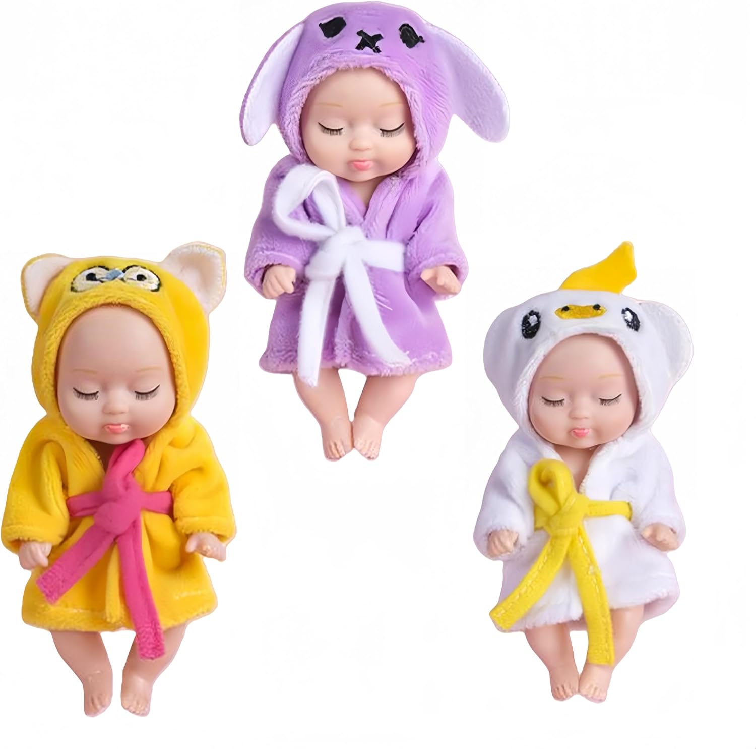 3Pcs Tiny Treasures Baby Doll Mini Reborn Dolls with Animal Clothes,Cute Little Doll Baby Elves Realistic Rebirth Dolls Miniature Cry Baby Doll Accessories for Girls Boys Kids Christmas Birthday Gifts