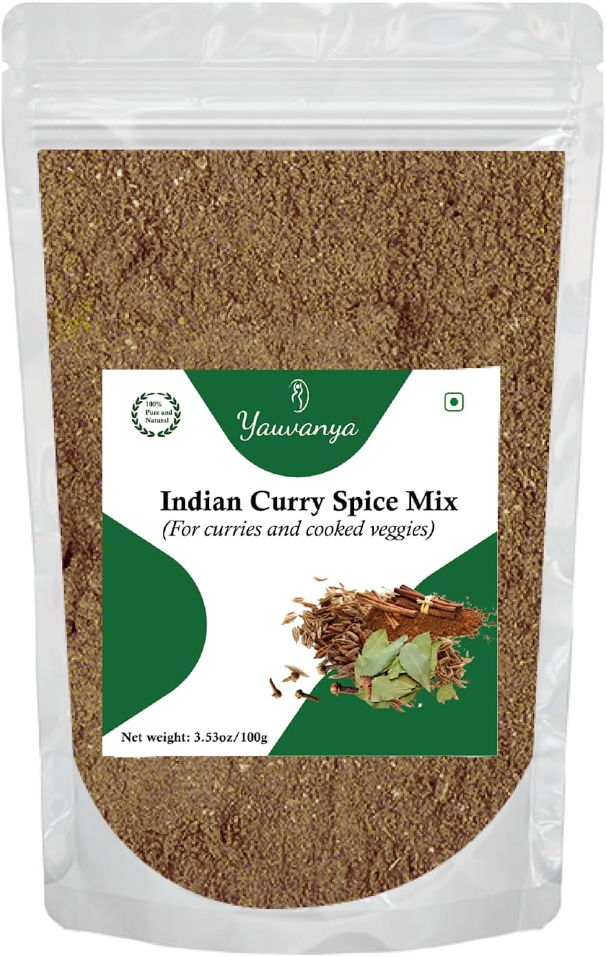 Yauvanya Indian Curry Spice Mix - 100 gms | For Curries and Cooked Vegetables | Vegan | Gluten-free | Salt free |10 Spices Blend