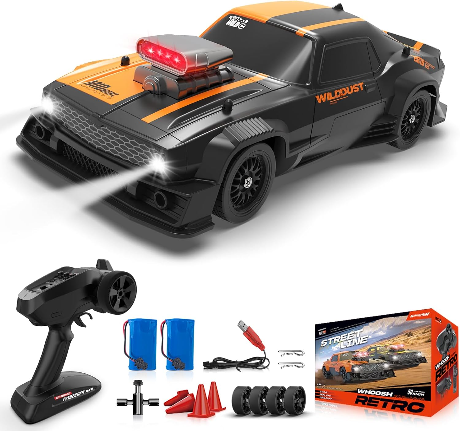 RC Drift Car, RTR Drifting RC Car with Gyro ESP 2.4GHz 1/16 Fast Remote Control Cars 50KM/h 4WD Full Proportion High Speed Racing Vehicle with Lights Rechargeable Battery for Adults Boys Kids