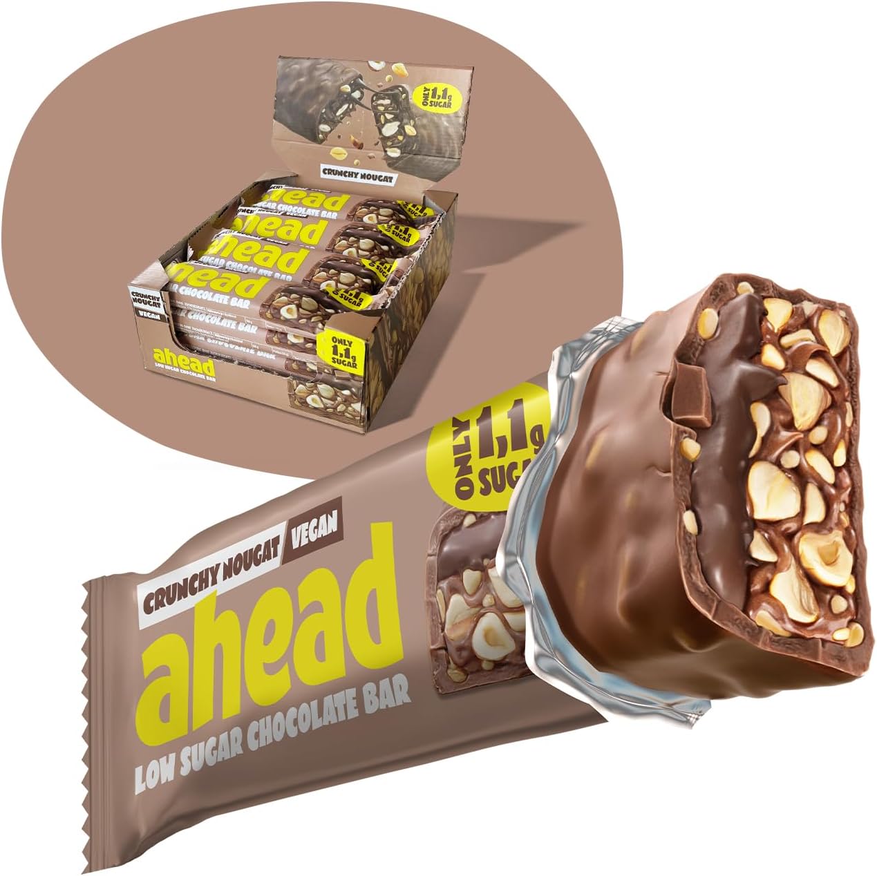ahead | Keto Chocolate Bars – 16 x 35g – Crunchy Nougat – Low Carb Sugar Free Keto Bars – 100% Natural with MCT-Fats – Keto Snacks & Healthy Snacks – Vegan Chocolate Bar