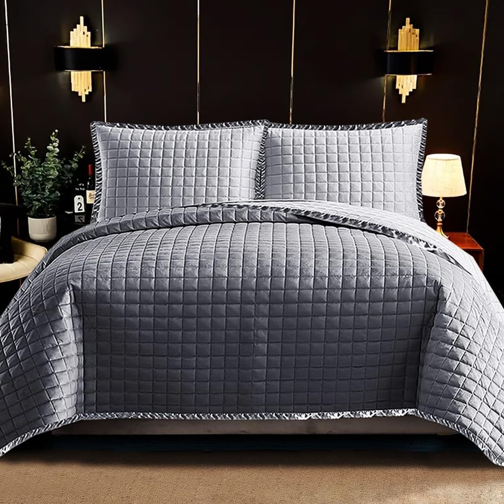 Fit Even Quilt Osca Bedspread 3 Piece Set – Coverless Quilted Square Pattern Bedspread, Comforter Throw, Summer and All-Season Lightweight Bedding Sets, with 2 Pillow Sham (Super King, Grey)