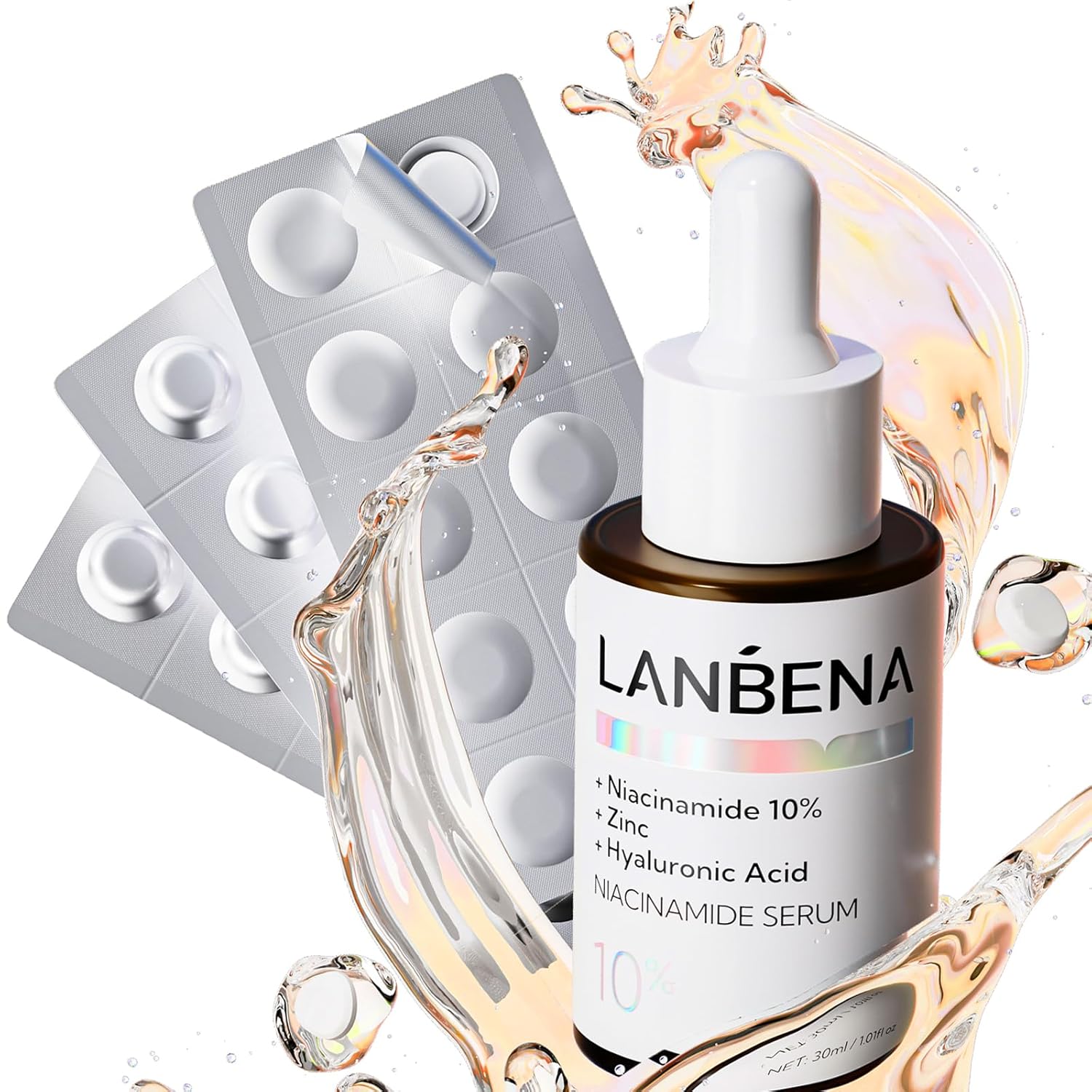 LANBENA Non-Oxidizing Vitamin C Serum 10%: Niacinamide Serum + Freeze-Dried Tablets, Brightening Anti-Aging Essence for Sensitive Skin, Non-Greasy, Reduces Dark Spots & Wrinkles (30 Tabs/1.05 Oz)
