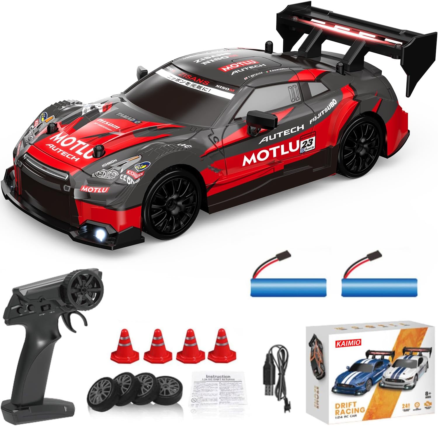 1:24 Scale RC Drift Car 4WD 2.4GHz 30KM/H High Speed Racing Sport Toy Car with LED Lights, Racing and Drift Wheels (8601-Red)