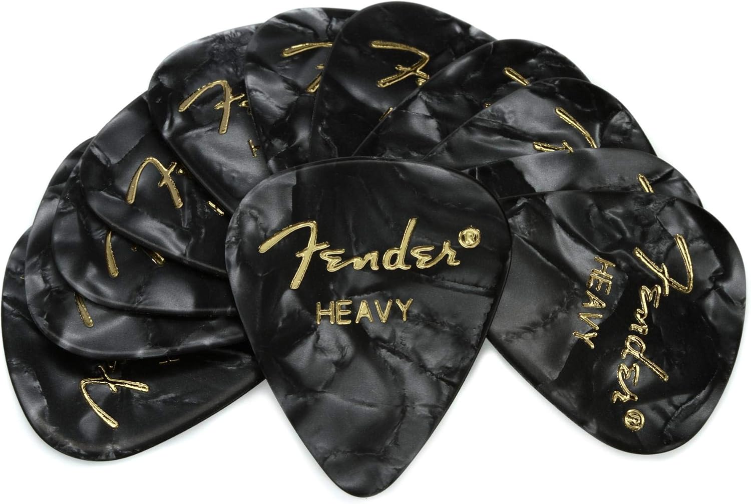 Fender 351 Shape Heavy Celluloid Guitar Picks, 12 Pack - Black Moto