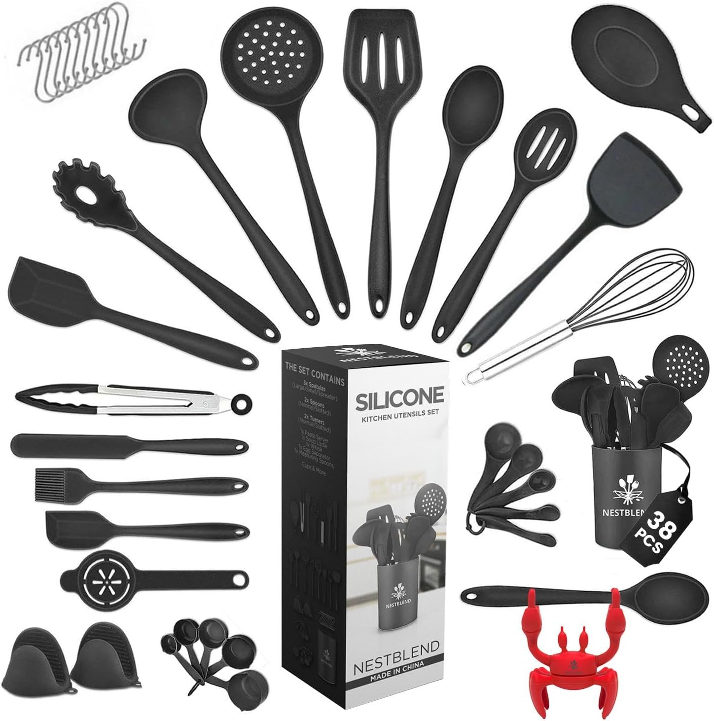 Nestblend Nonstick Kitchen Utensils Set - Silicone Kitchen Cookware Gadgets with Holder - Spoon Holder - Heat Resistant - Dishwasher Safe - BPA Free - 38 Pieces (Black)